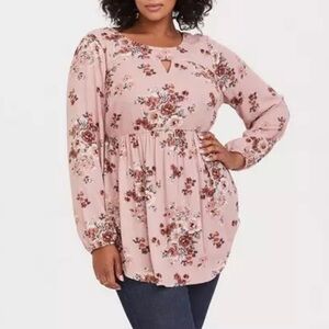 Torrid Floral Print Babydoll Gauze Keyhole‎ Front Tunic Top Pink Plus Size 1X